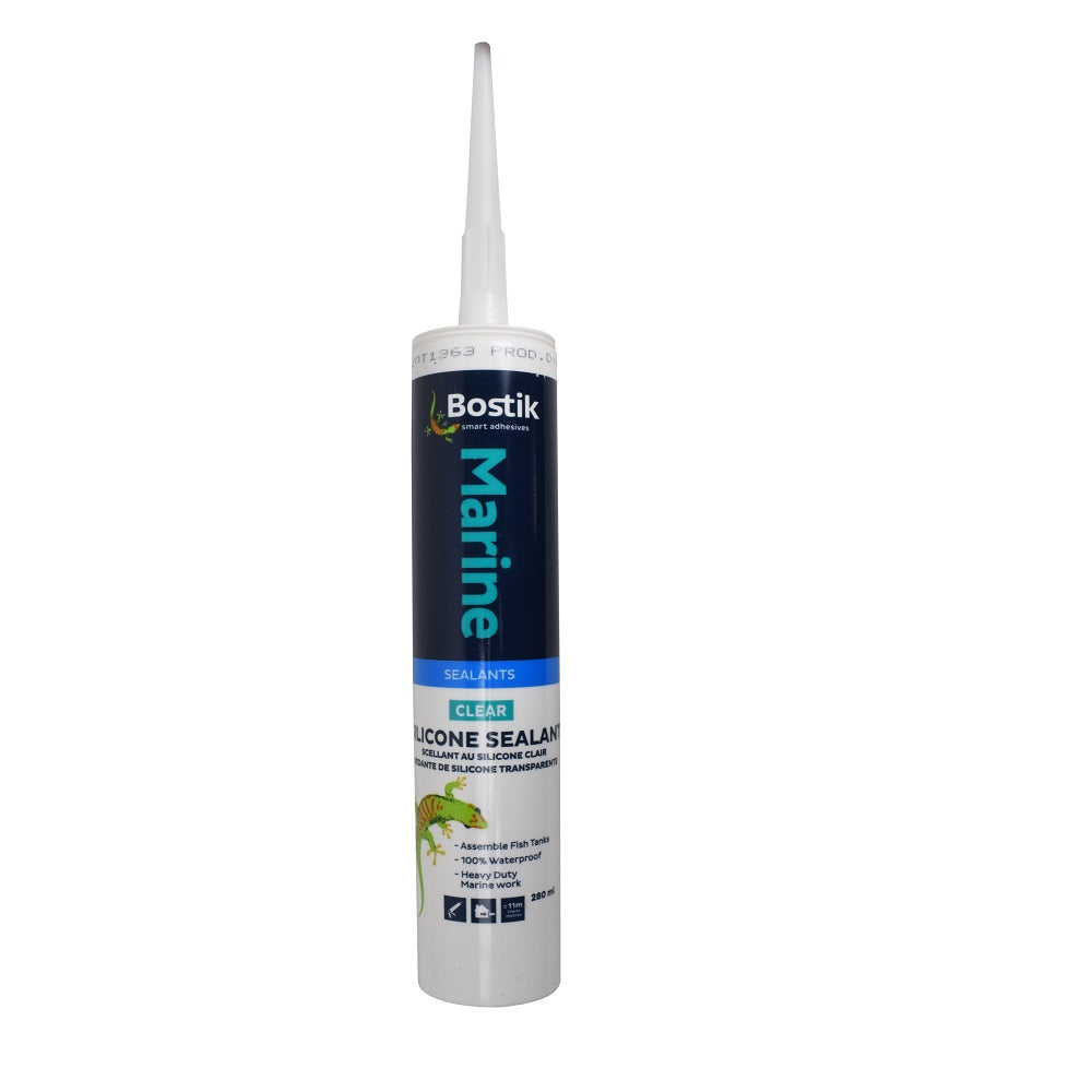Bostik Marine clear silicone sealant 280ml cartridge tube with white nozzle and dark navy label