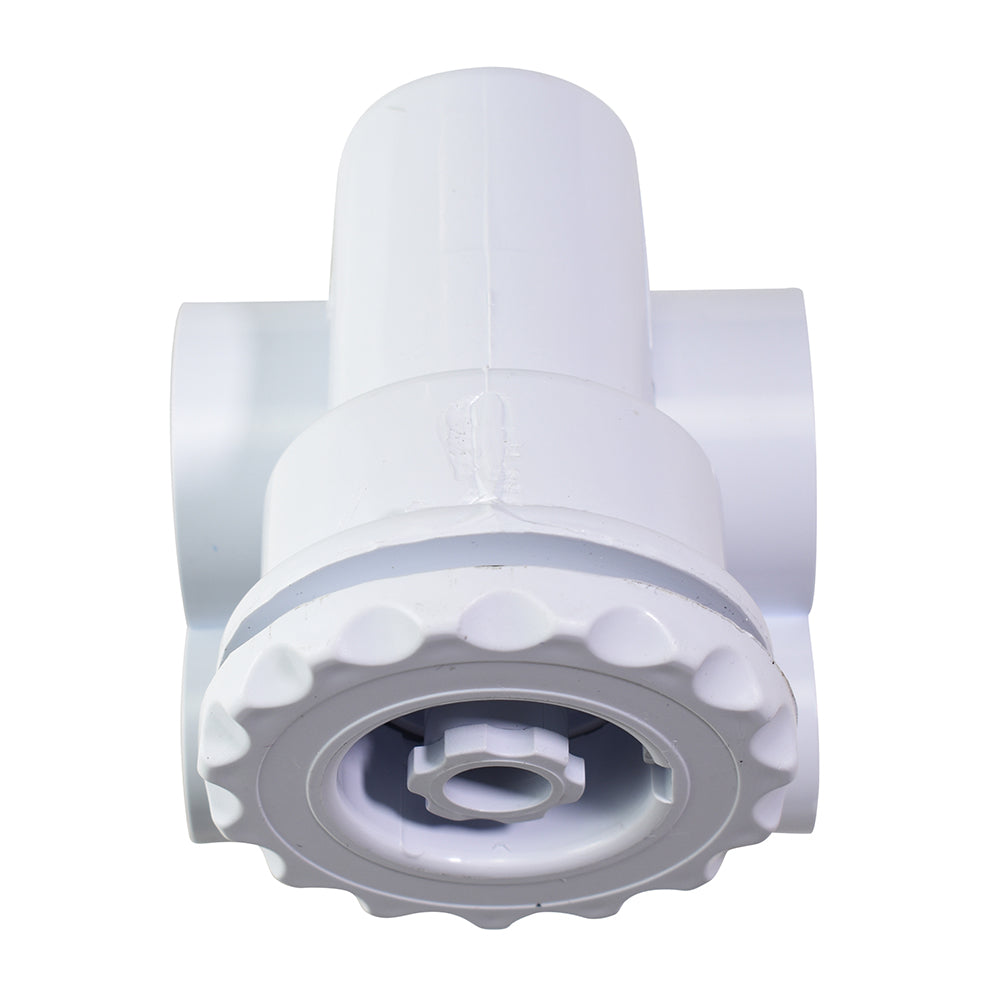 White plastic pool jet fitting with scalloped rotating face, central adjuster nozzle, and 50mm x 32mm swivel pipe connector body