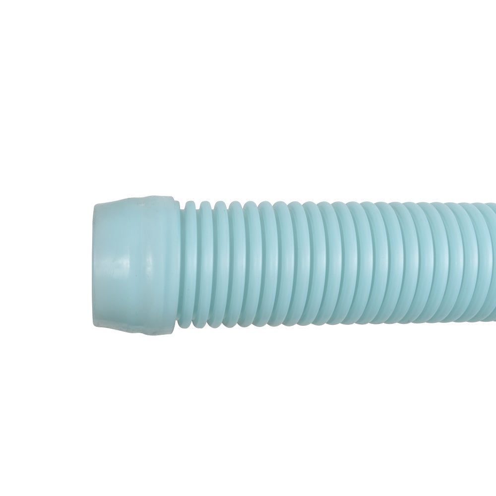 Light blue corrugated plastic pool cleaner leader hose with ribbed flexible tubing and moulded end connector fitting