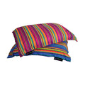 Multicolour striped pool pillow with vibrant pink, blue, yellow and green woven fabric, stacked set of two floating cushions