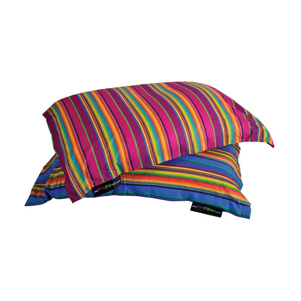 Multicolour striped pool pillow with vibrant pink, blue, yellow and green woven fabric, stacked set of two floating cushions