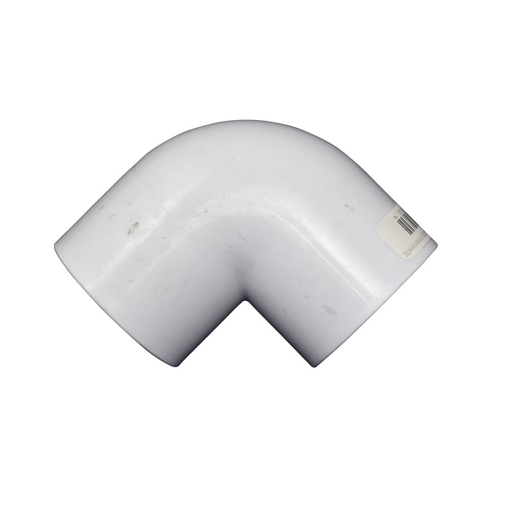 White PVC 90-degree elbow pipe fitting, 50mm, smooth curved bend with barcode label on side