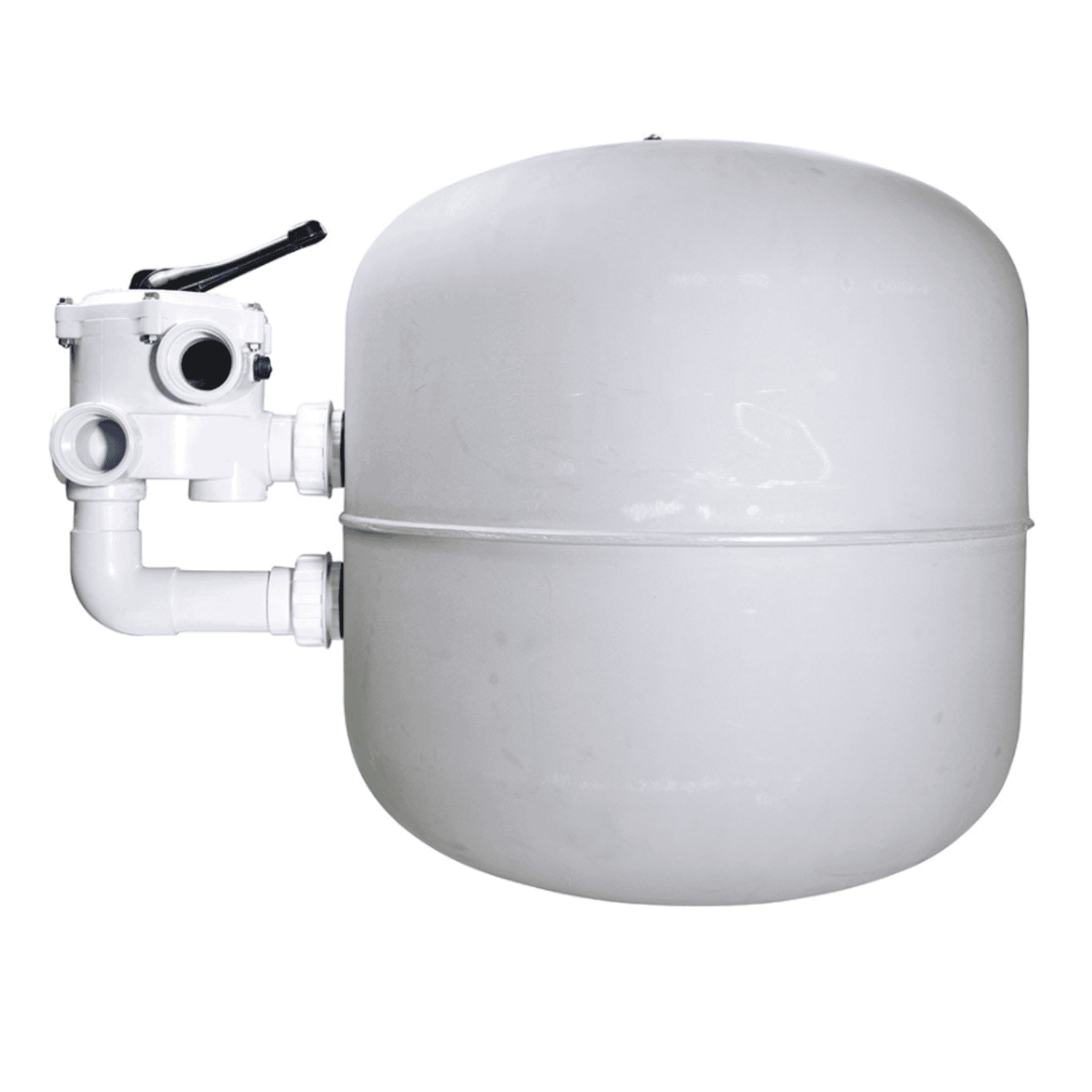 White fiberglass pool sand filter tank with side-mount multiport valve, black lever handle, and white PVC pipe connections
