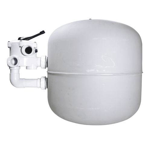 Sand filter large white fibreglass tank with side-mount multiport valve and white PVC pipe fittings