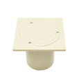 Beige plastic in-ground electrical deck box with square flat lid, circular cover plate, three screws and cylindrical conduit body