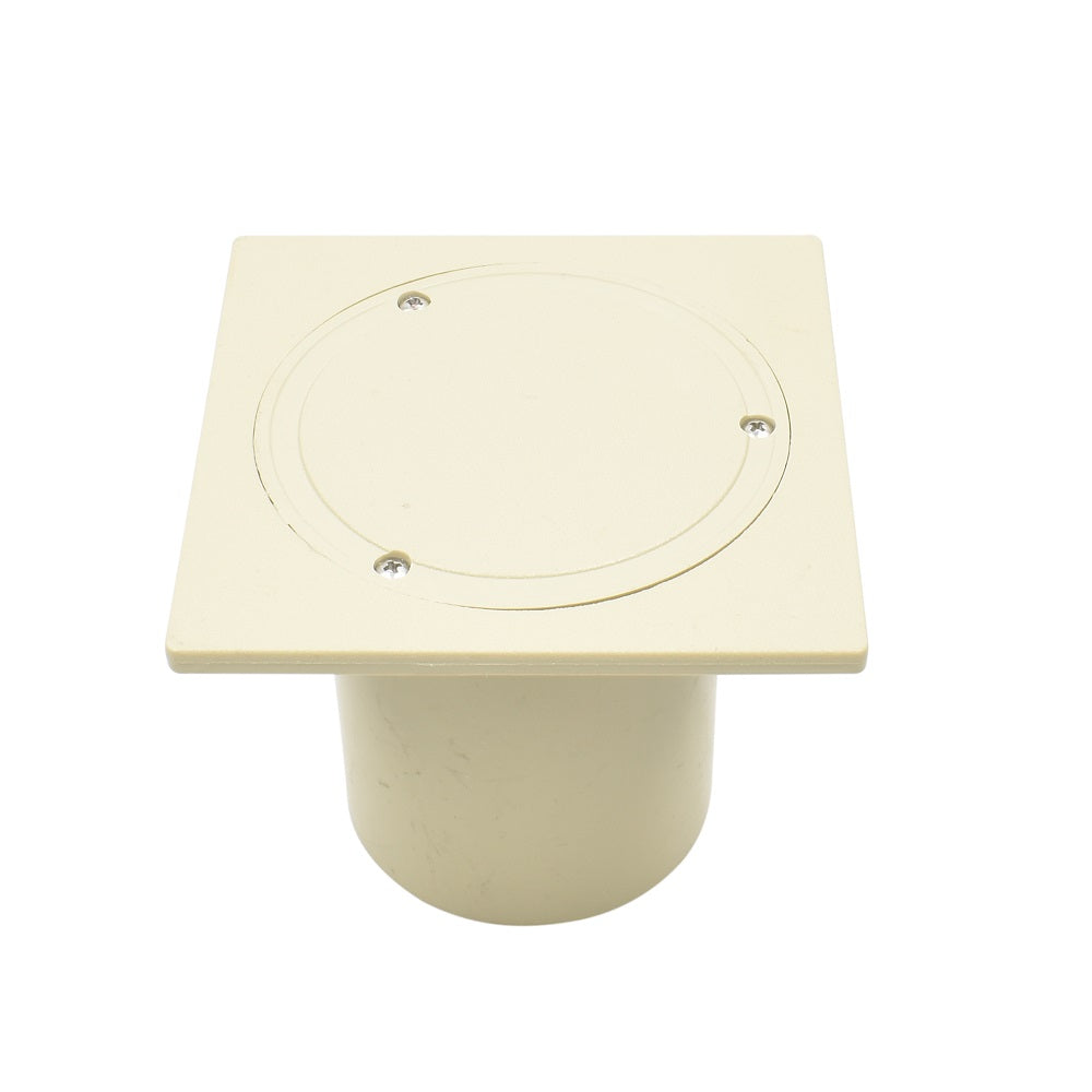 Beige plastic in-ground electrical deck box with square flat lid, circular cover plate, three screws and cylindrical conduit body