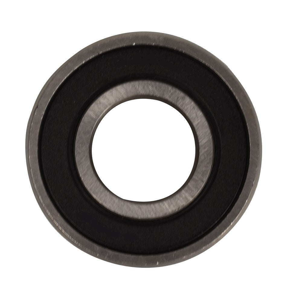 Deep groove ball bearing 6202 with black rubber seal, grey steel outer ring, front-facing view showing circular bore