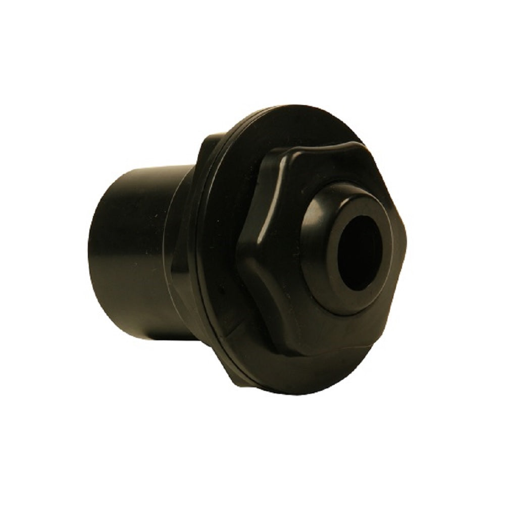 Black plastic spa jet fitting with circular flange, star-shaped directional nozzle face and central open port, glued connection type