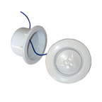White plastic LED pool light with clear dome lens and blue wiring cable, shown with separate wall fitting housing — front and rear view