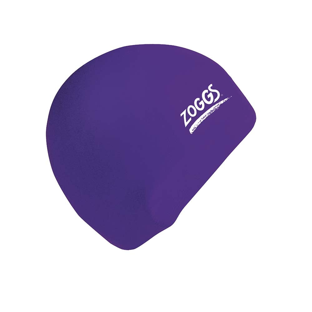 Zoggs Latex Swimming Cap in plain purple, smooth finish with white Zoggs logo, one size fits all