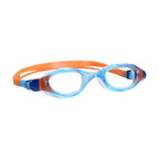 Zoggs Phantom Junior swim goggles with clear lenses, light blue frame and orange silicone strap on white background