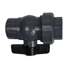 Grey PVC union ball valve with ribbed end connections, union nut, and black butterfly handle, 50mm pipe fitting