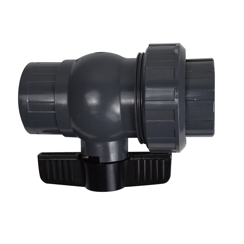 Grey PVC union ball valve with ribbed end connections, union nut, and black butterfly handle, 50mm pipe fitting
