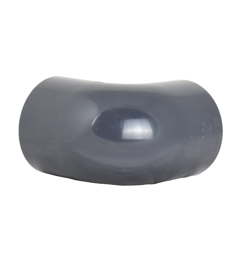 Grey PVC 90-degree elbow pipe fitting 63mm with smooth curved body and moulded brand markings