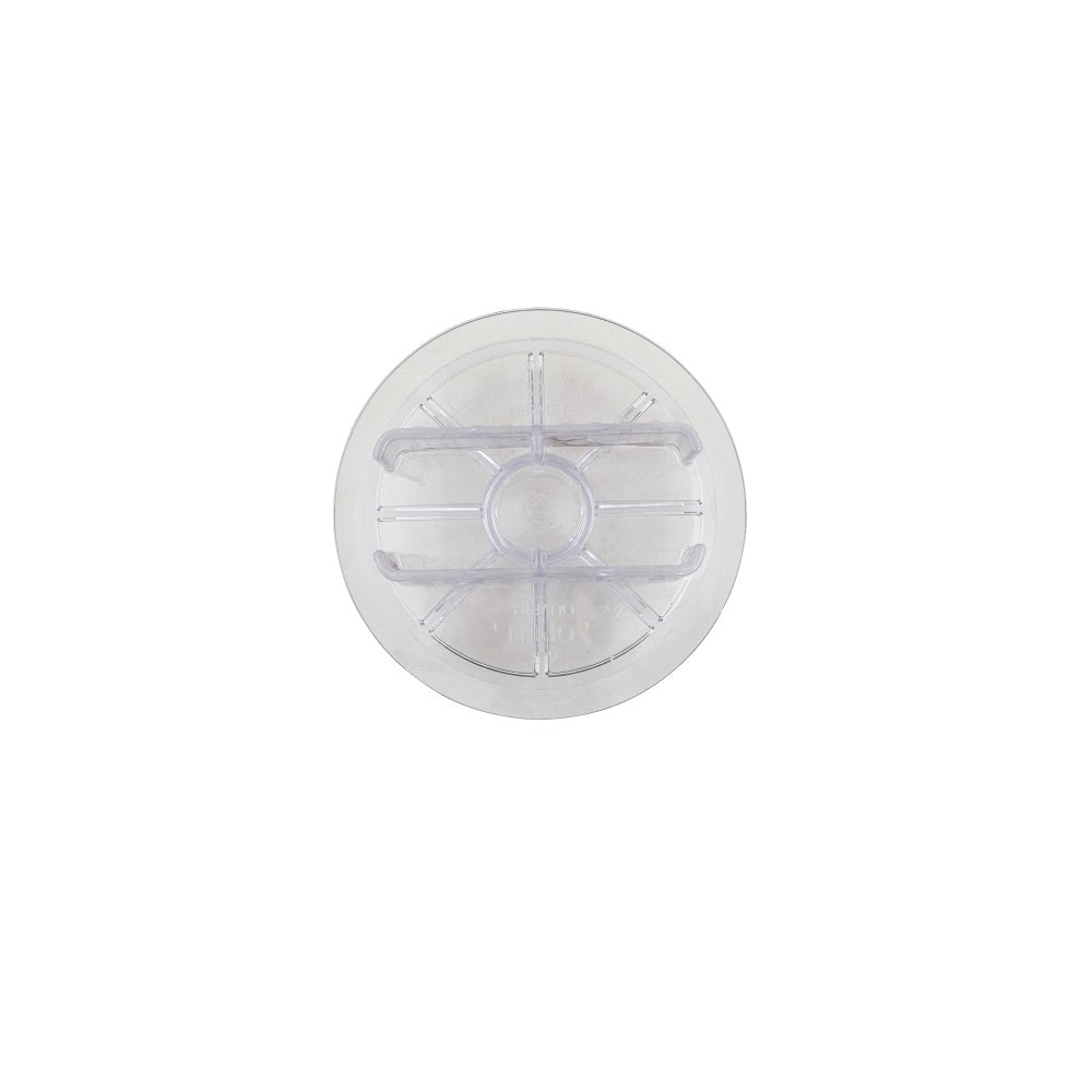 Clear plastic circular filter lid with ribbed spoke pattern and central hub, Speck 90 Series replacement part, top-down view