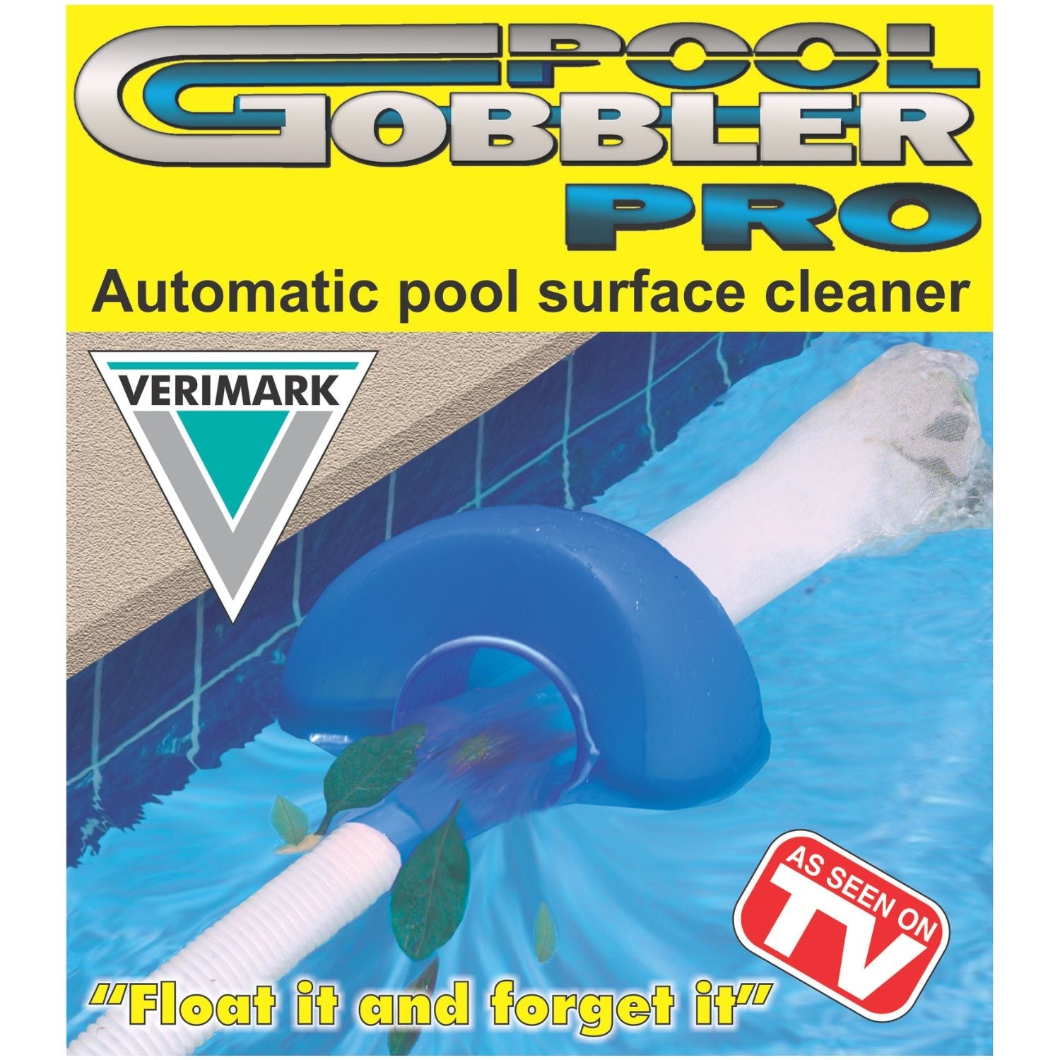 Pool Gobbler Pro automatic pool surface cleaner with blue floating skimmer head and white hose, shown in use at pool edge