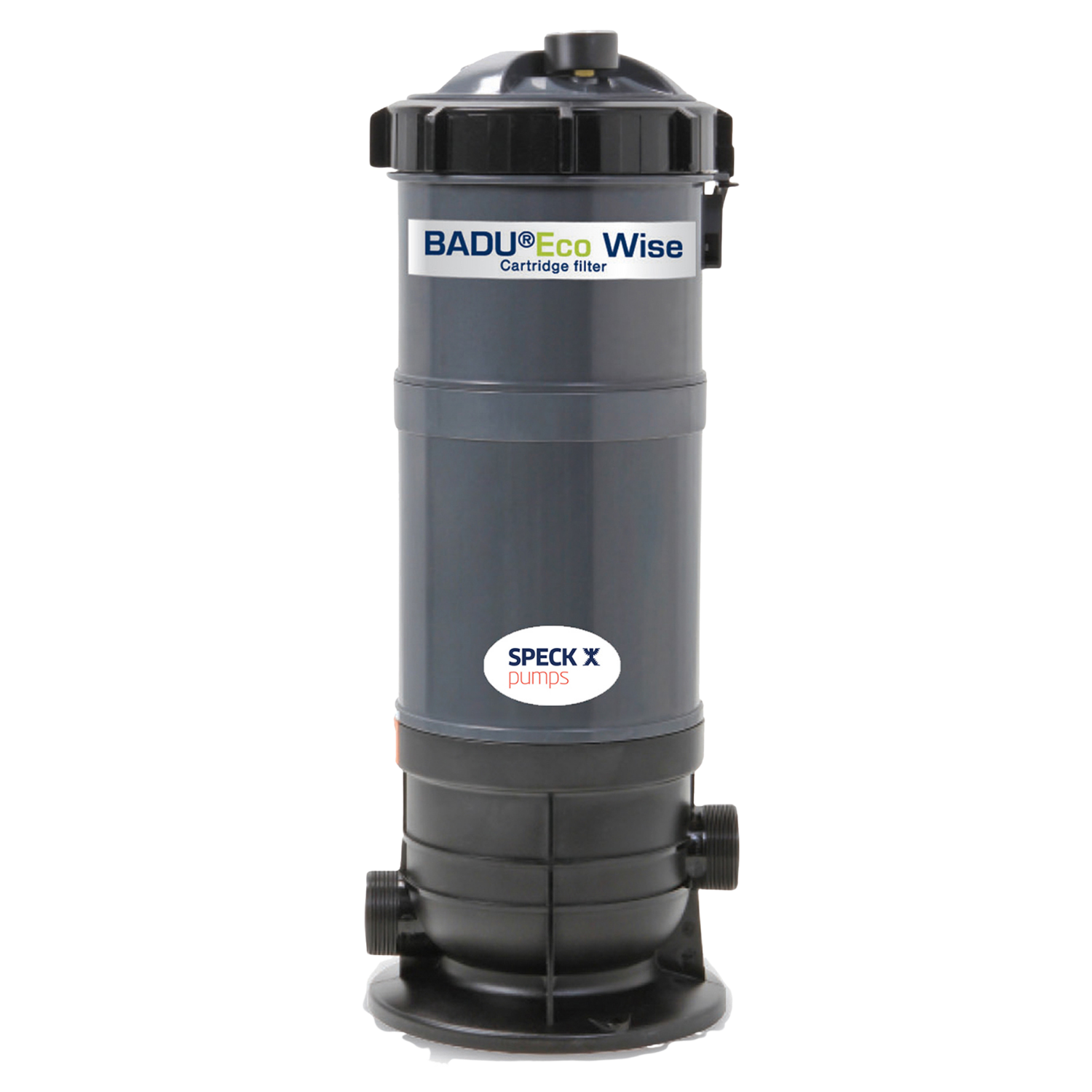 Speck Pumps BADU Eco Wise 3 cartridge filter, upright grey cylindrical housing with black dome lid and base ports, on white background