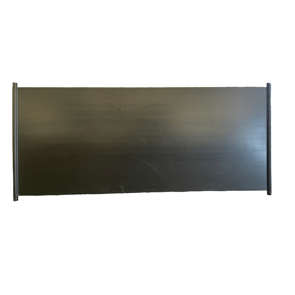 Black rectangular solar pool heating panel with ribbed surface and cylindrical manifold connectors on each side, 1.25 x 2m size