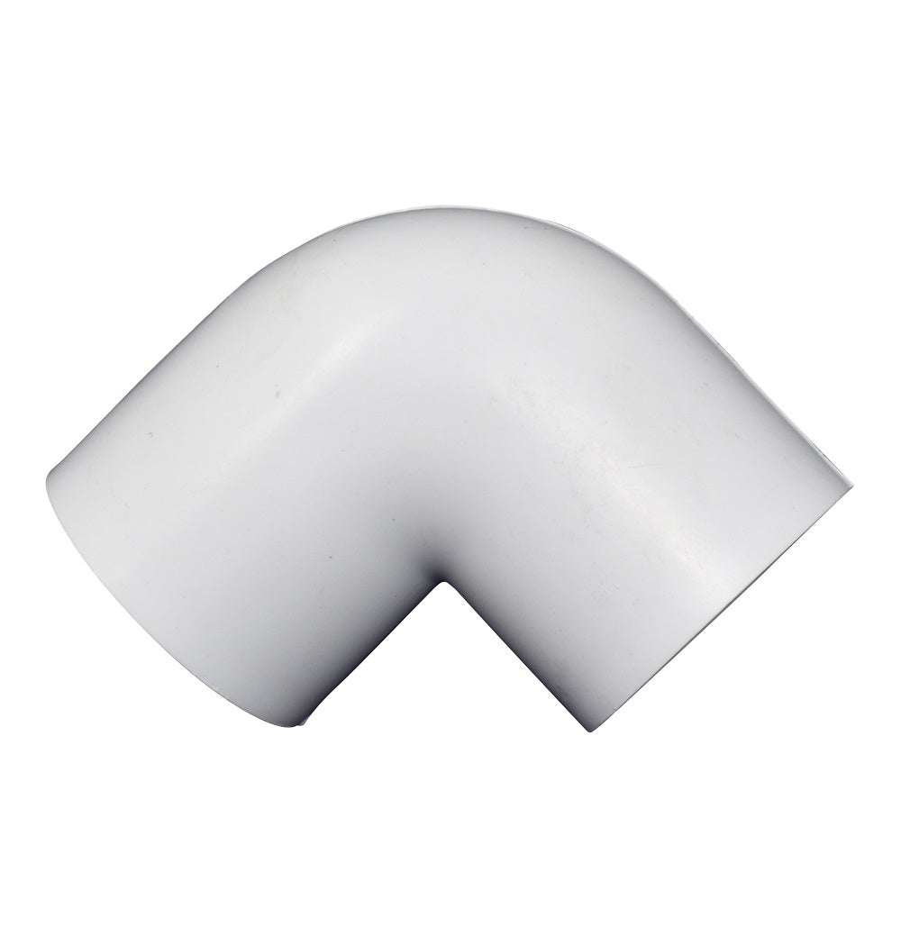 White PVC 90-degree elbow pipe fitting with smooth curved exterior and wide-radius bend, 32mm diameter