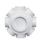 White PVC filter collector body with multiple outlet ports arranged radially around a central circular opening