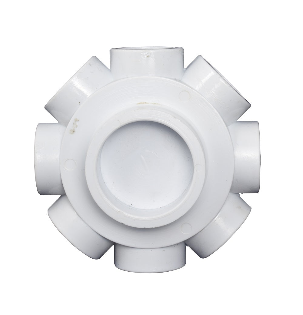 White PVC filter collector body with multiple outlet ports arranged radially around a central circular opening