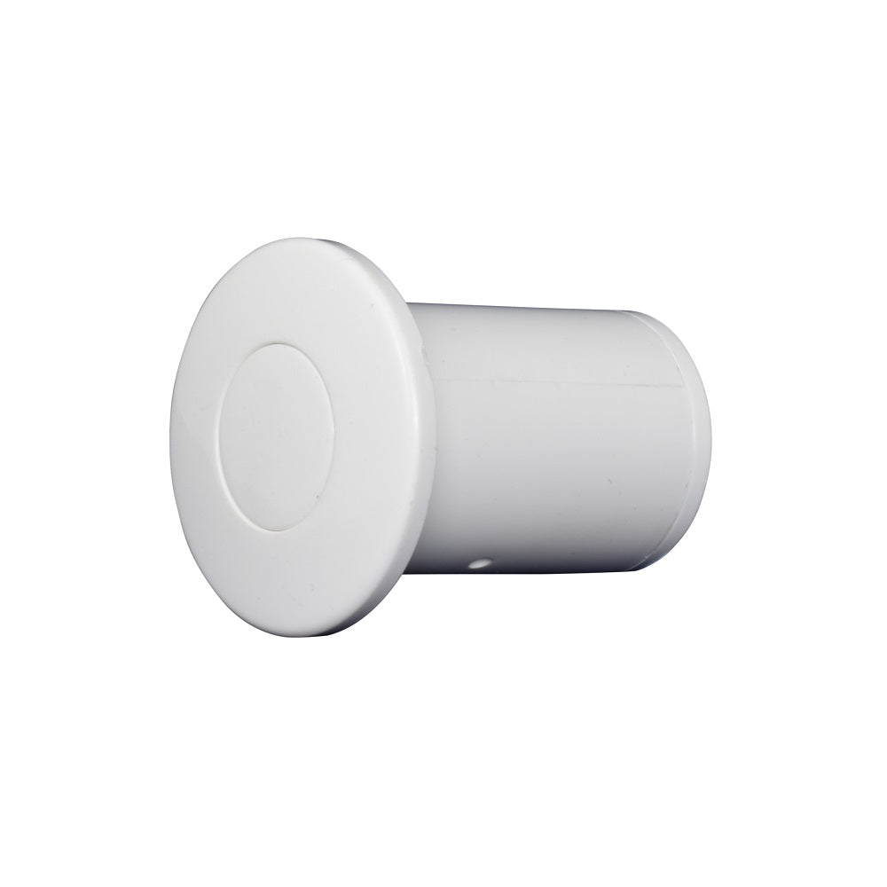White plastic spa air button with flat circular face and cylindrical body, compatible with Eartheco equipment