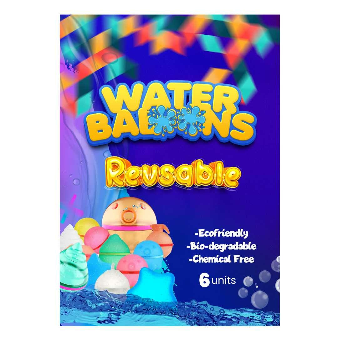 Aqua Pro Reusable Water Balloons packaging showing 6 colourful eco-friendly, biodegradable, chemical-free silicone balloons on a vibrant blue background