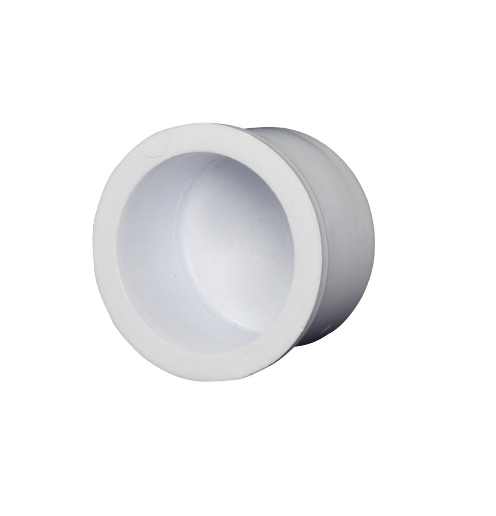 White PVC pipe end cap fitting with smooth cylindrical body, open socket face and spigot end, 32mm diameter plumbing fitting