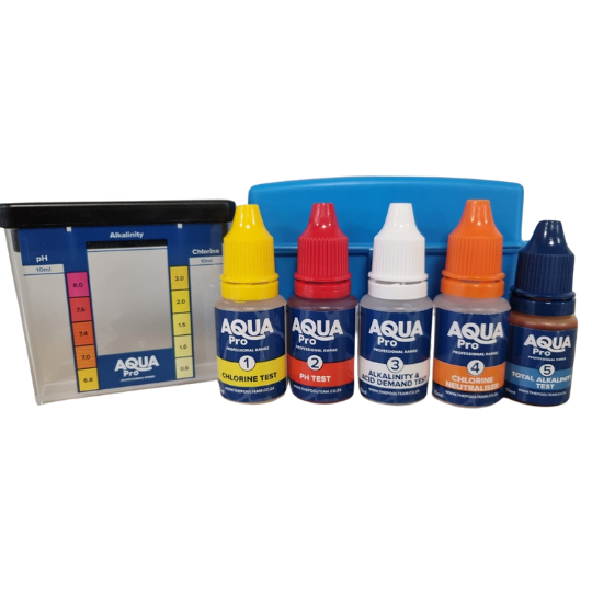 Aqua Pro 4-in-1 Test Kit with five reagent bottles and blue plastic comparator for testing pH, chlorine, alkalinity and acid demand