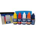 Aqua Pro 4-in-1 Test Kit with five reagent bottles and blue plastic comparator for testing pH, chlorine, alkalinity and acid demand