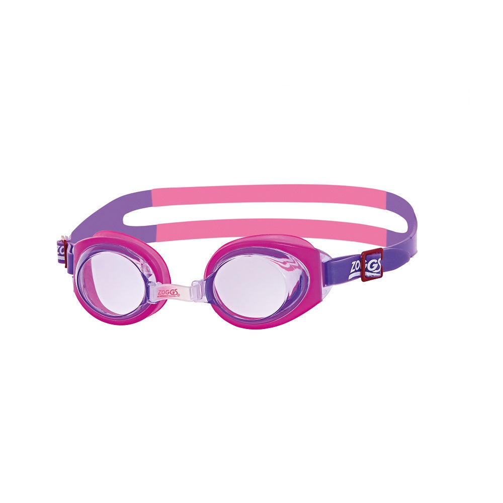 Zoggs Little Ripper kids swim goggles in pink and purple with clear lenses and dual-stripe silicone strap