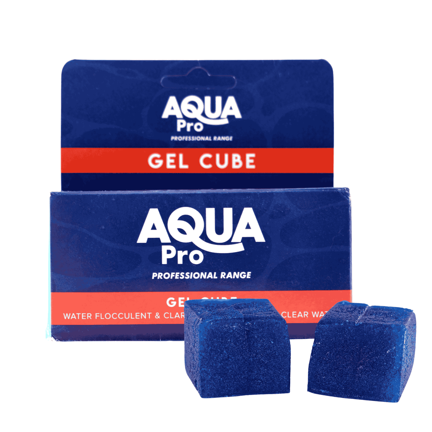Aqua Pro Gel Cube water flocculant twin pack, two dark blue solid cubes beside navy and red retail packaging