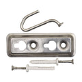 Stainless steel pool safety hook kit with rectangular wall bracket, S-hook, two screws and white wall plugs