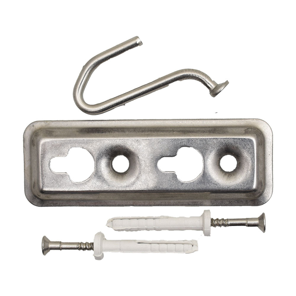 Stainless steel pool safety hook kit with rectangular wall bracket, S-hook, two screws and white wall plugs
