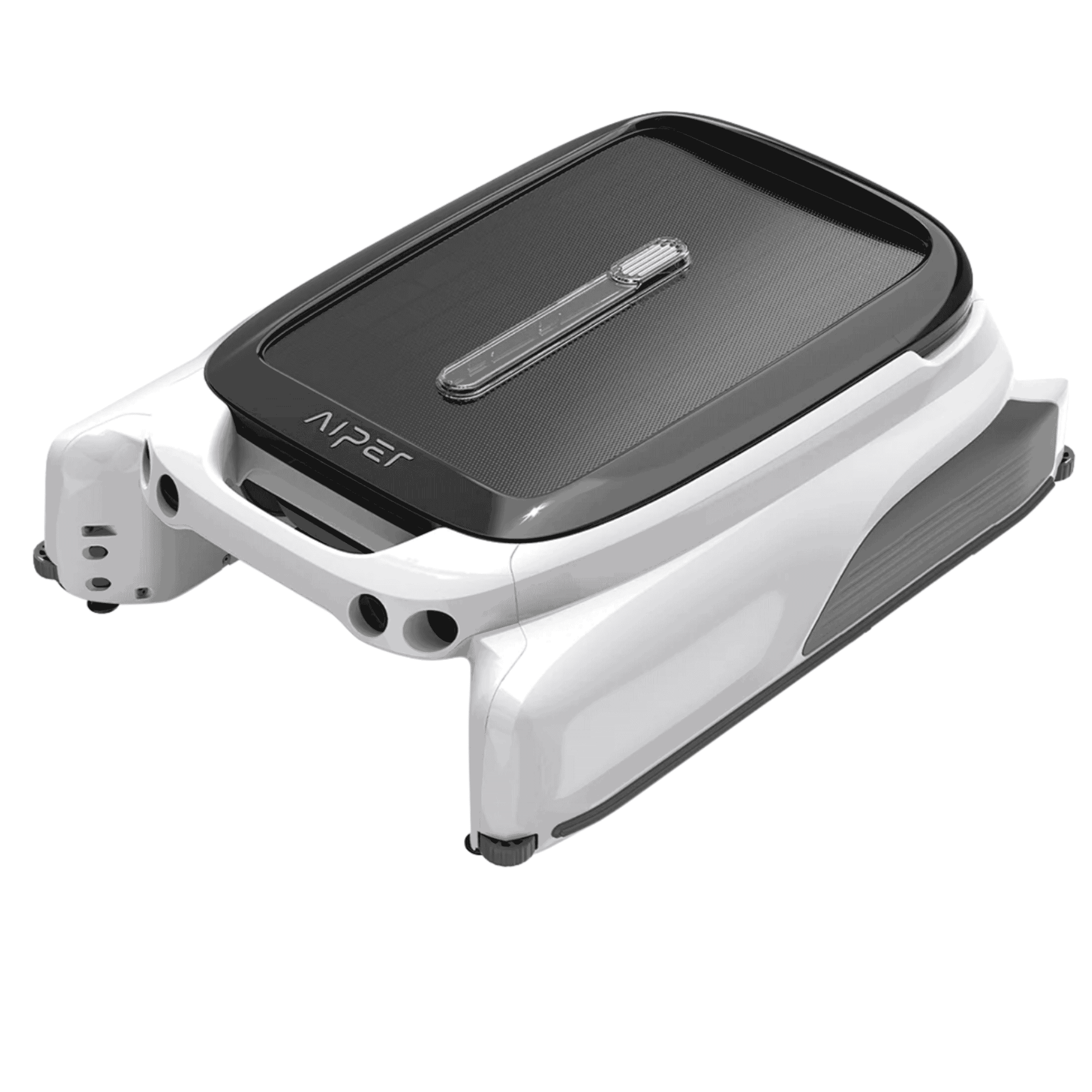 Aiper Surfer M1 robotic pool cleaner in white and dark grey, angled view showing textured top surface and drive wheels