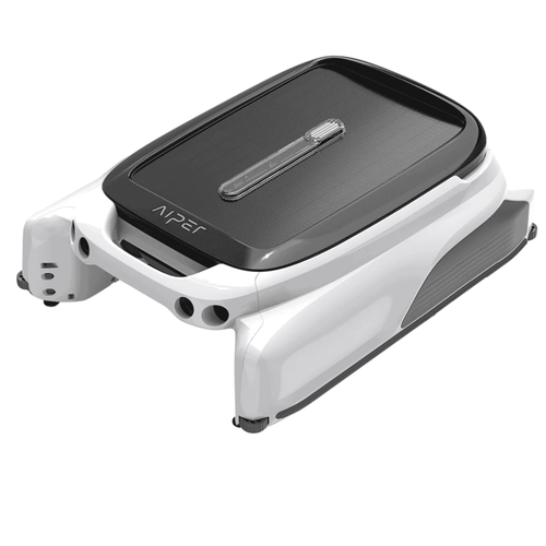 Aiper Surfer M1 robotic pool cleaner in white and dark grey, angled view showing textured top surface and drive wheels