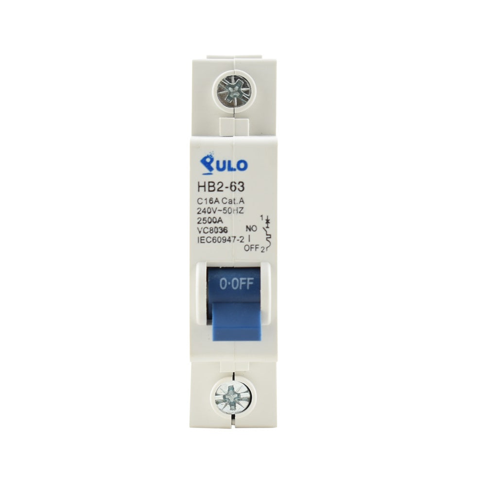 GULO HB2-63 single-pole miniature circuit breaker 16A 240V white casing with blue toggle switch in OFF position