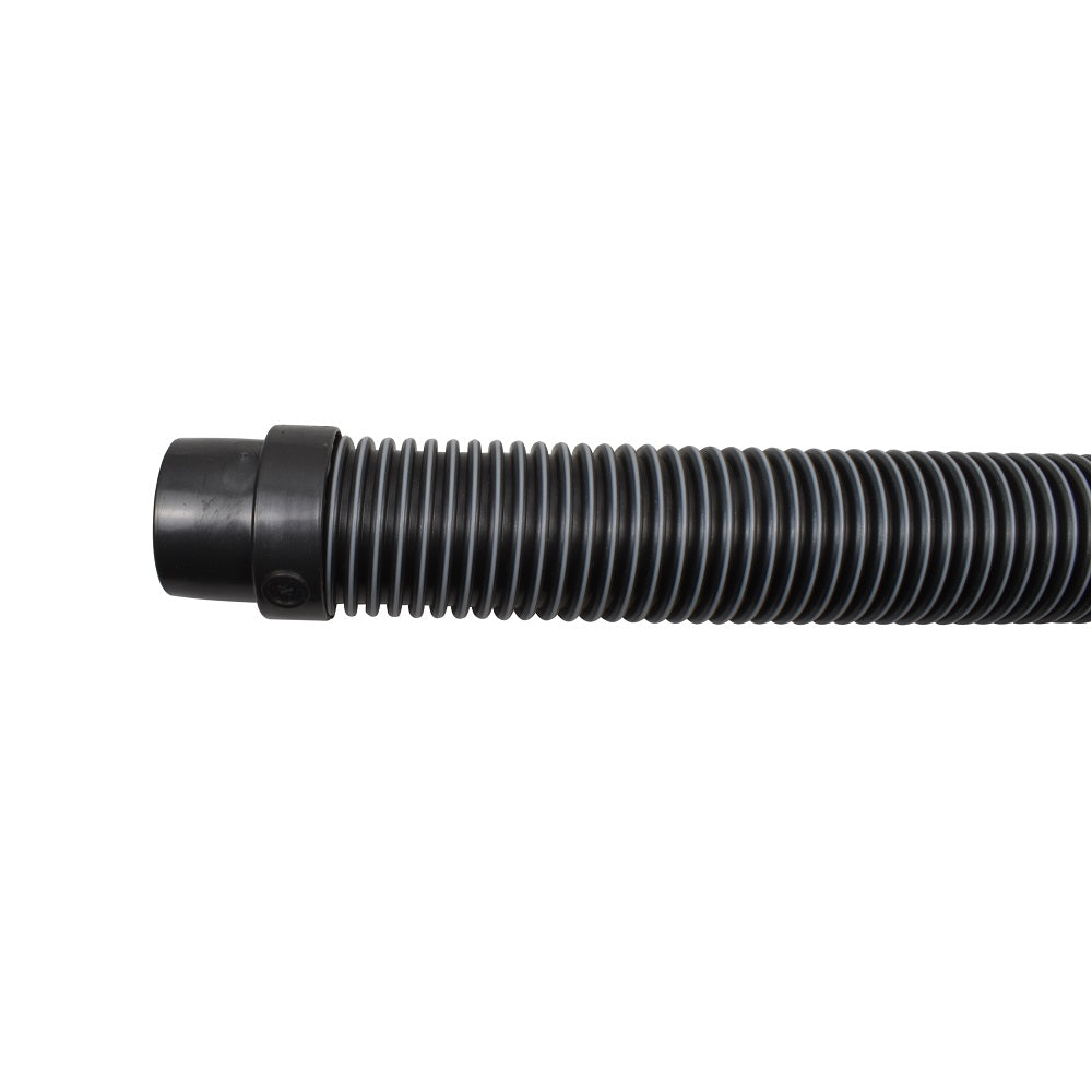 Black corrugated flexible vacuum hose with ribbed plastic construction and moulded connector end for Kreepy Krauly Tiger Shark pool cleaner