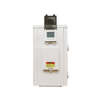 White pool heat pump with flip-open LCD control panel, power supply access panel, side pipe connections and electric shock warning label