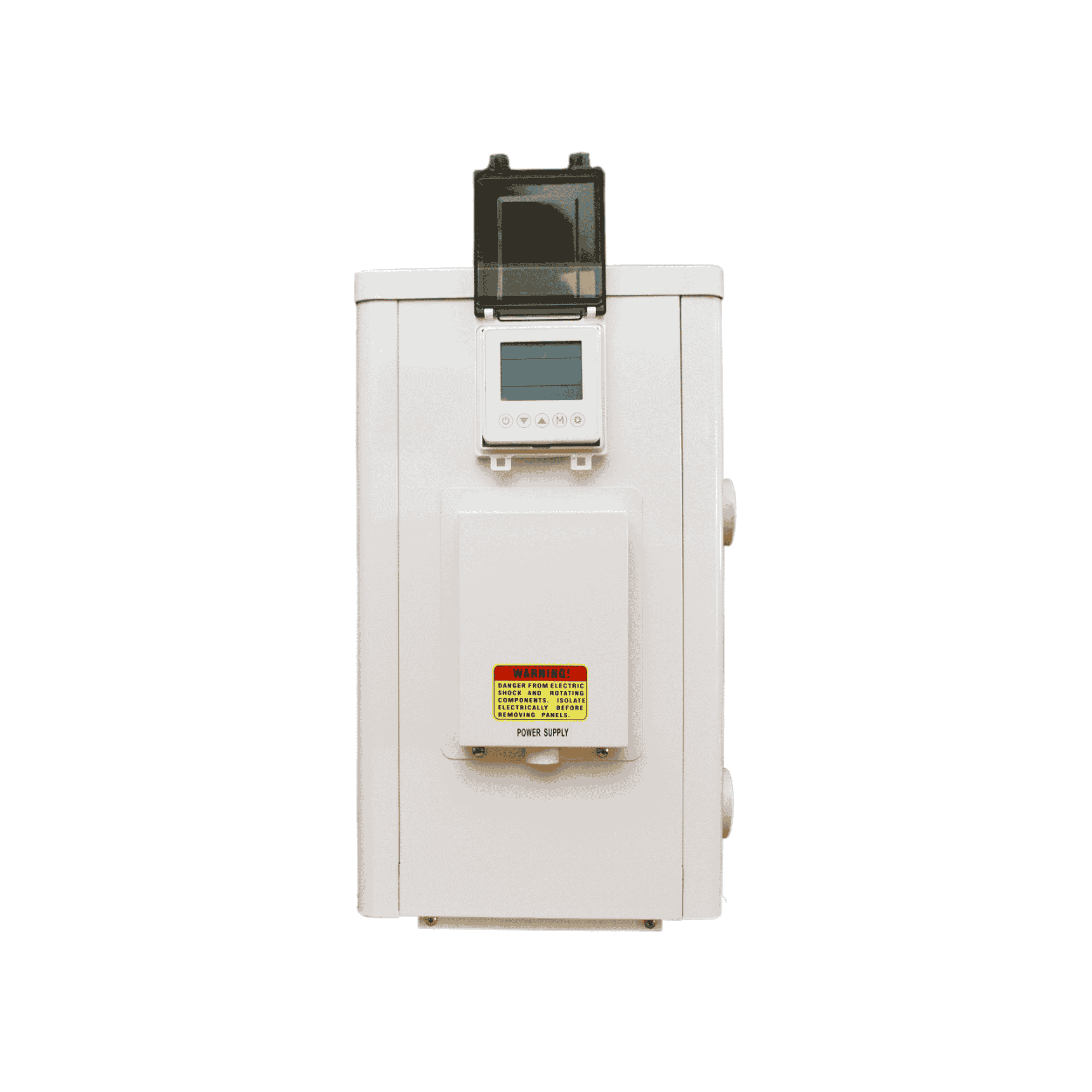 White pool heat pump with flip-open weatherproof LCD control panel, power supply cover, and side pipe connections