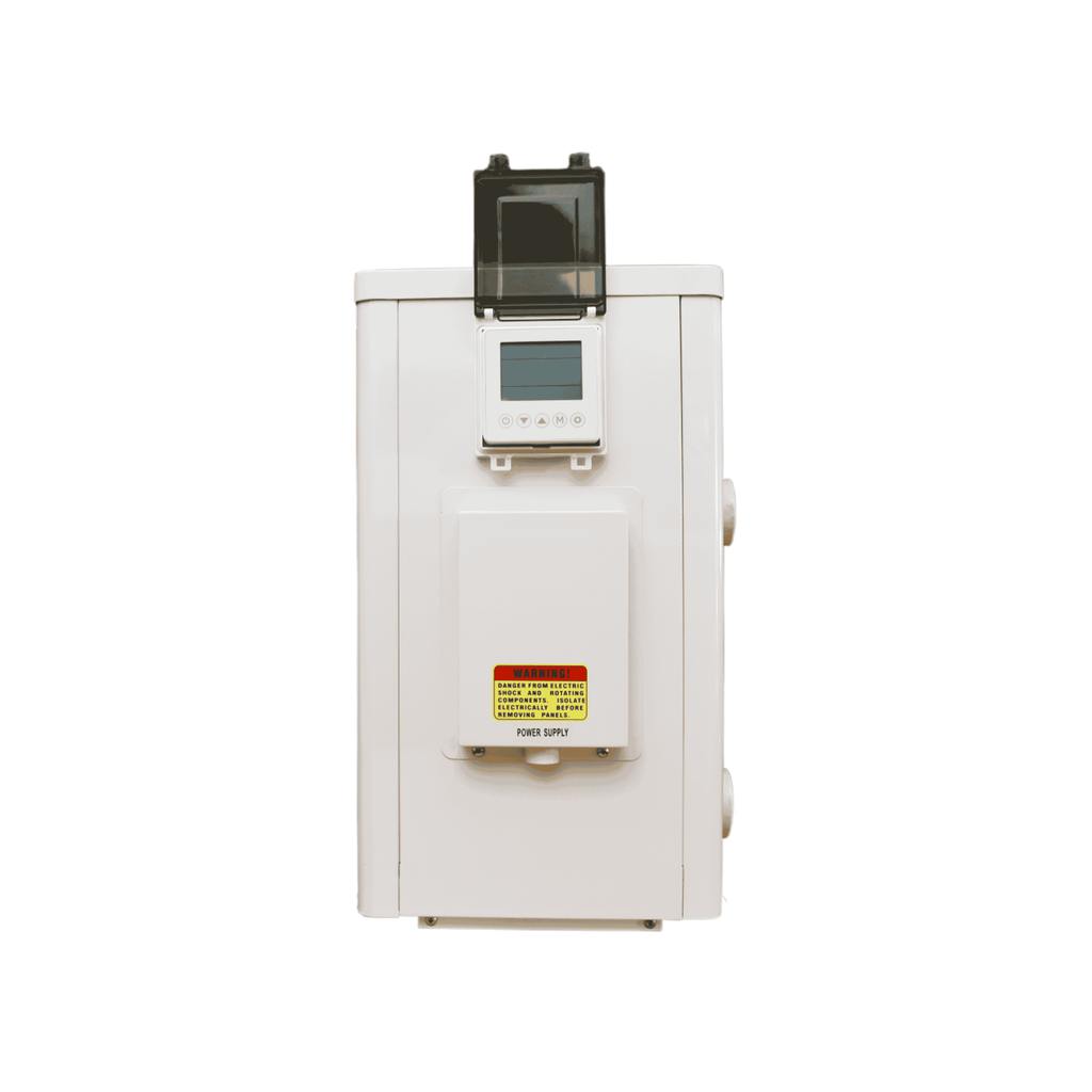 White Aqua Pro 9.5kW Inverter Plus Heat Pump with flip-open Wi-Fi control panel, LCD display, and power supply compartment, front view