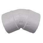 White PVC 45-degree elbow pipe fitting 50mm with embossed markings and smooth curved body