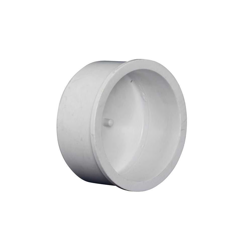 White PVC pipe end cap fitting 50mm with smooth cylindrical body, flat closed face and solvent weld socket opening