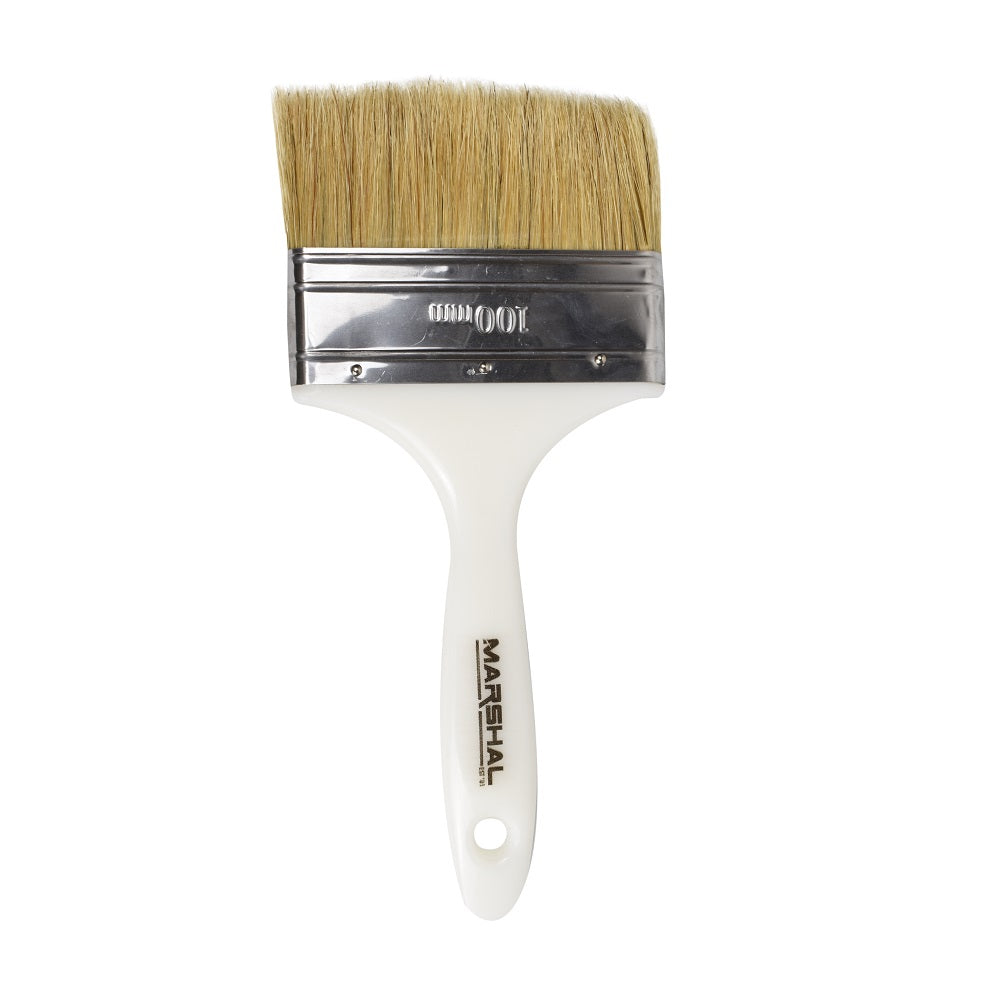 Marshal Blondie flat paint brush 100mm with natural bristles, chrome ferrule, and white plastic handle with hanging hole