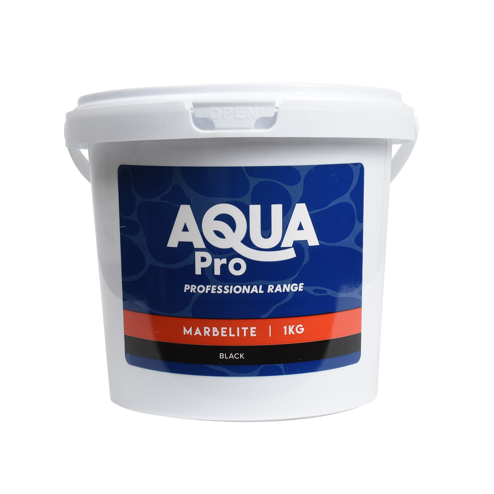 Aqua Pro Marbelite Black 1KG white plastic tub with snap-fit lid and blue branded label