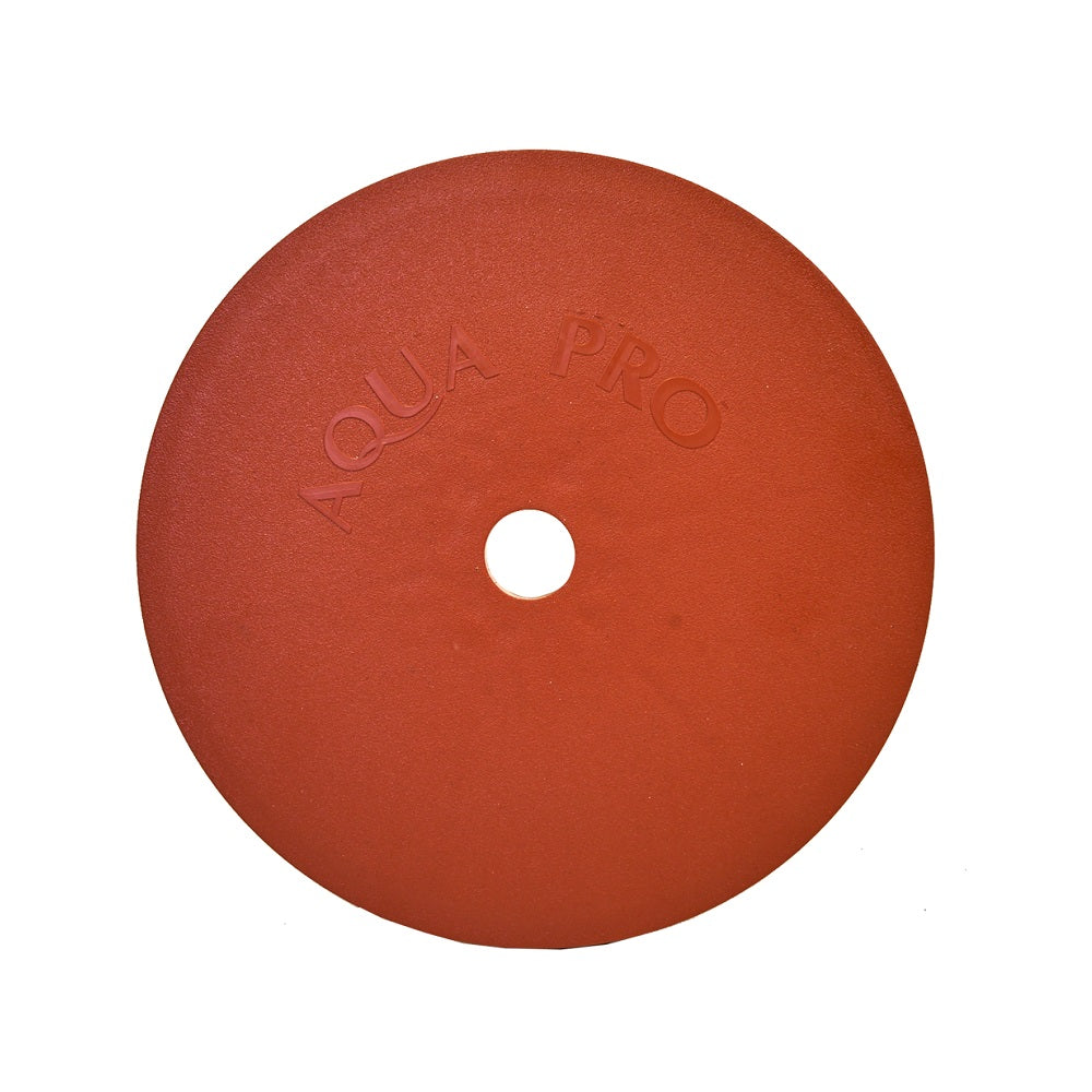 Aqua Pro weir deck lid in terracotta red rubber with central hole and embossed brand lettering, flat circular design