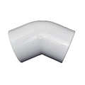 White PVC 45-degree elbow pipe fitting, 50mm, smooth finish with spigot ends, viewed front-on against white background