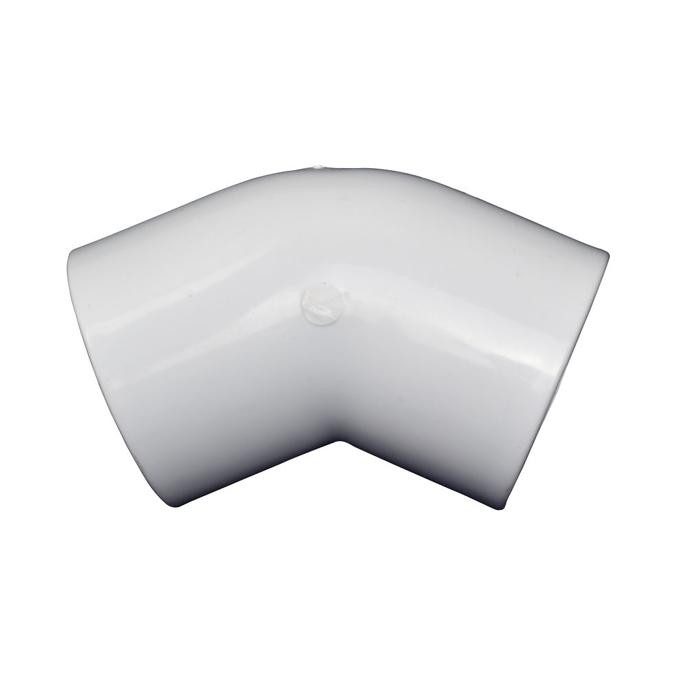 White PVC 45-degree elbow pipe fitting, 50mm, smooth finish with spigot ends, viewed front-on against white background