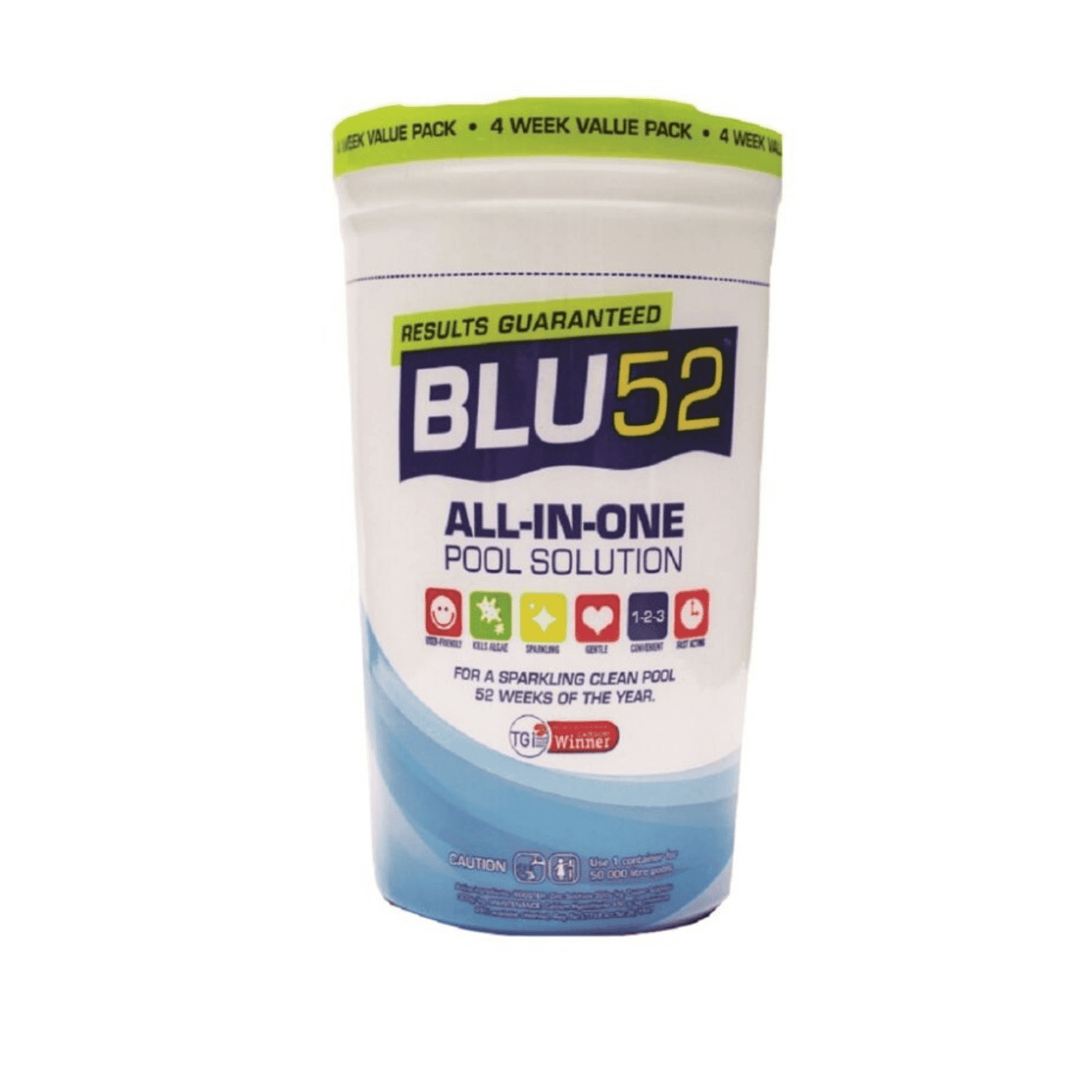 BLU52 All-in-One Pool Solution white cylindrical tub with lime green band, 4-week value pack