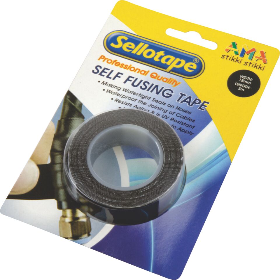 Sellotape Self Fusing Rubber Tape in black, 18mm wide x 3m, displayed on yellow retail blister card
